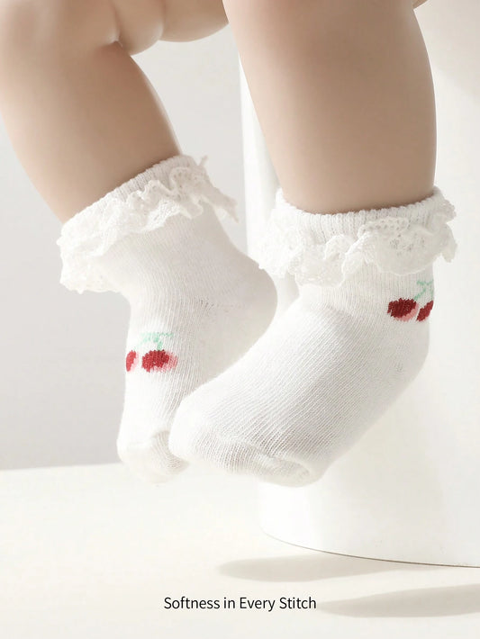 1 Pair Basic Cherry Pattern Baby Girls Cotton Lace Trim Socks Multicolor