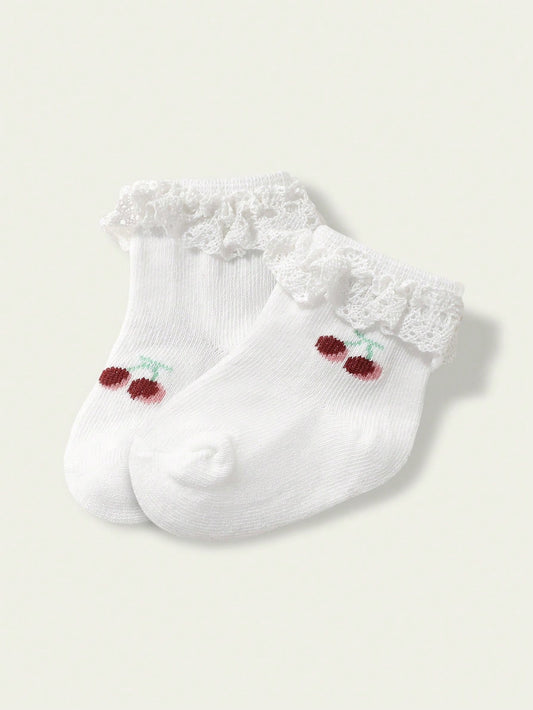 1 Pair Basic Cherry Pattern Baby Girls Cotton Lace Trim Socks
