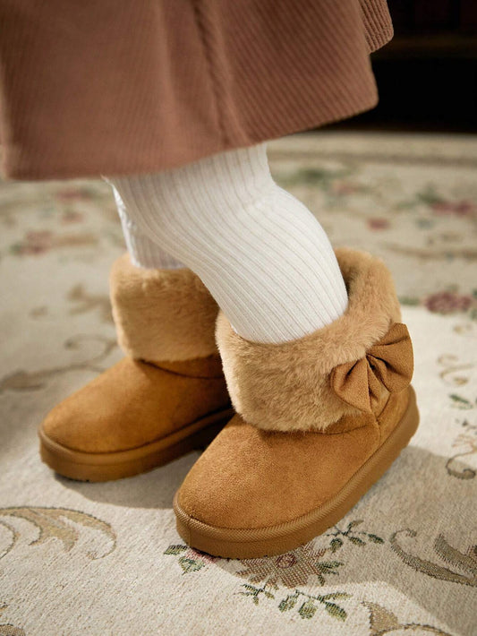 1 Pair Camel Color Girls Bow Fluffy Fashion Warm Cute Comfortable Boots