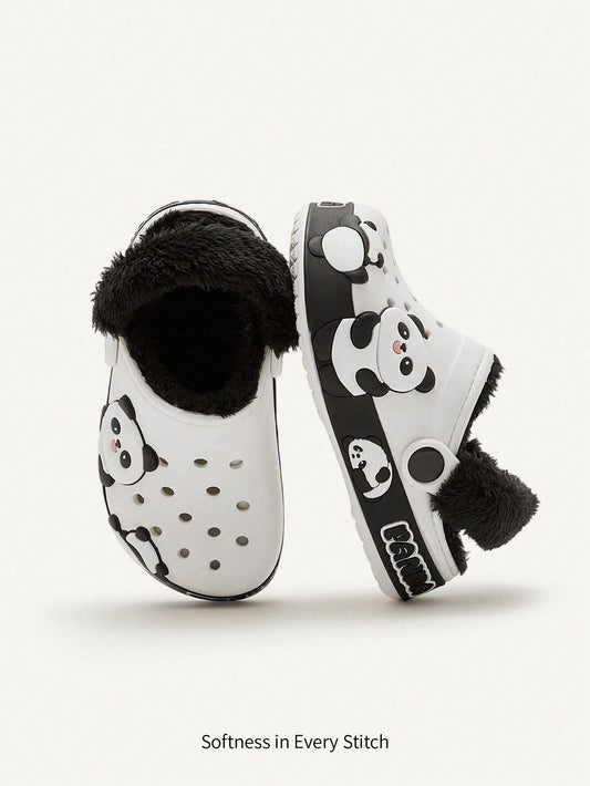 Cozy Pixies 1 Pair Cartoon Panda Design Warm Plush Anti-Slip Indoor Slippers Black