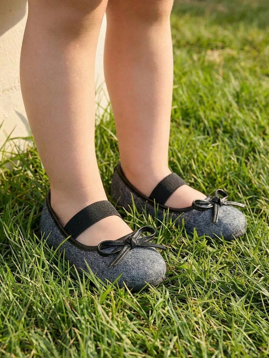 Casual Cute Girl Retro Blue & Bow Accent Soft Bottom Princess Flat Shoes