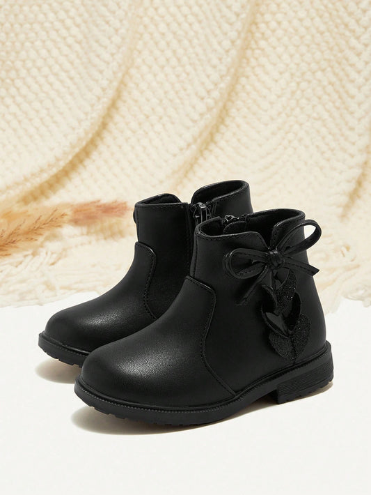 1 Pair Fashionable Versatile Heart & Bow Decor Black Comfortable Durable Baby Ankle Boots Black