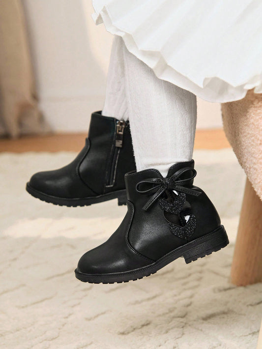 1 Pair Fashionable Versatile Heart & Bow Decor Black Comfortable Durable Baby Ankle Boots