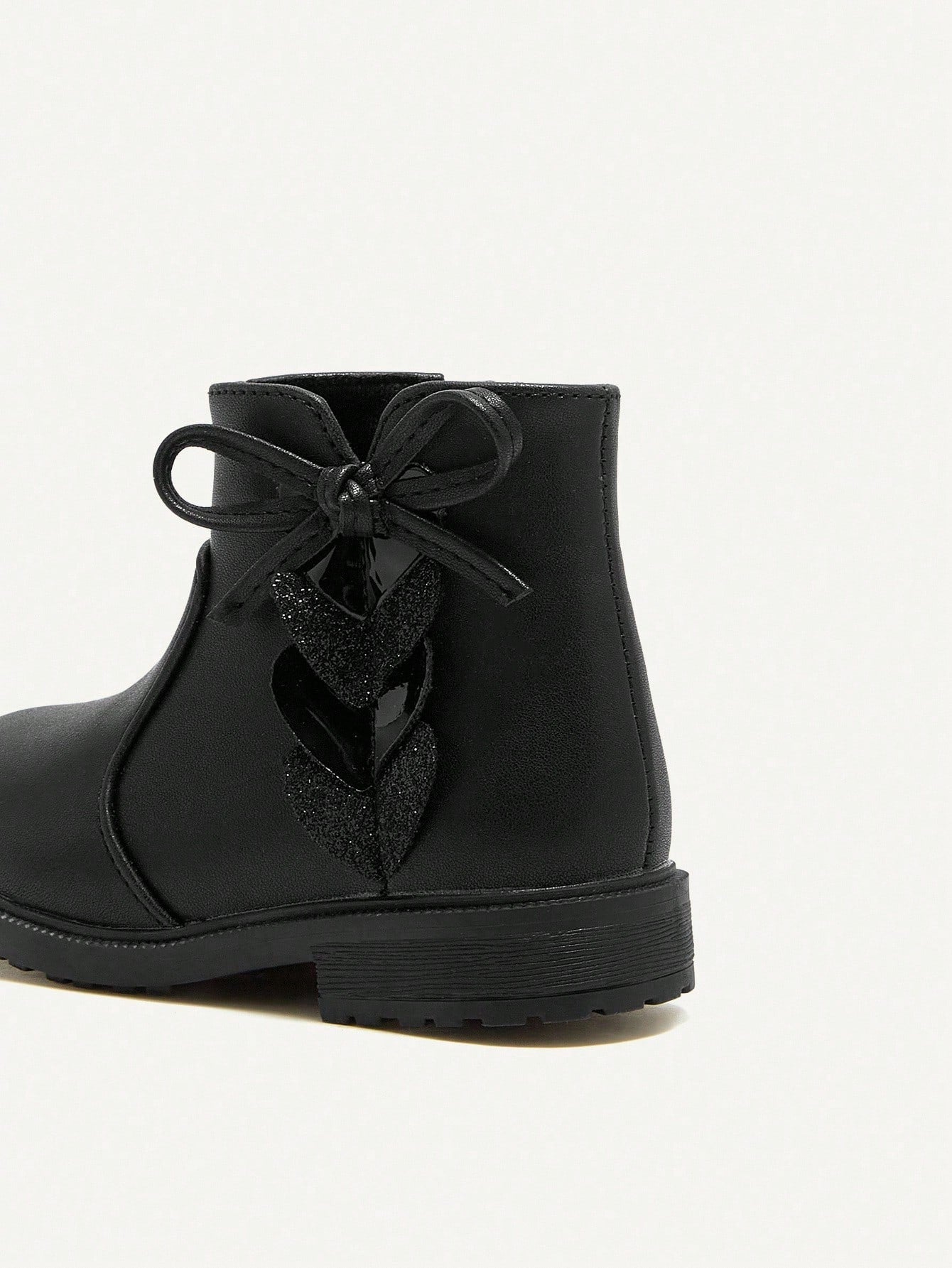 1 Pair Fashionable Versatile Heart & Bow Decor Black Comfortable Durable Baby Ankle Boots