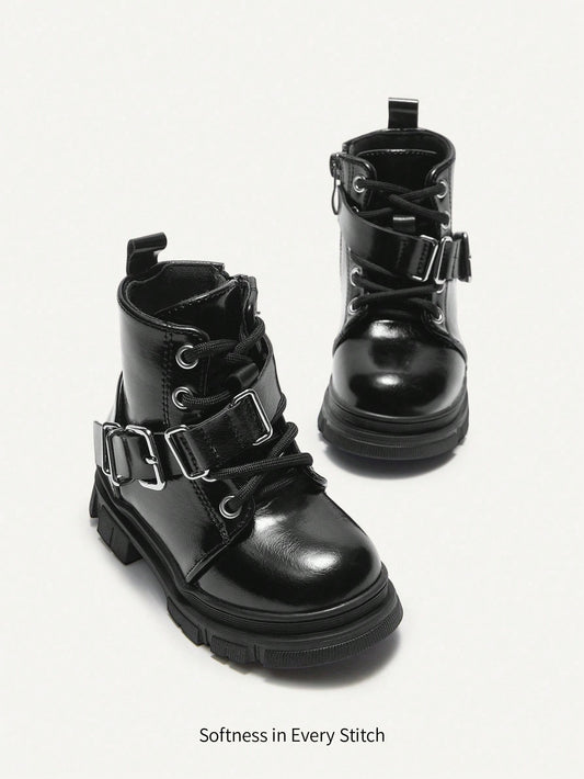 Versatile, Metal Buckle Black Soft Sole Lace-Up Ankle Boots