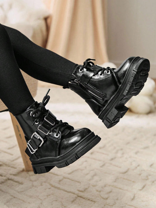 Versatile, Metal Buckle Black Soft Sole Lace-Up Ankle Boots