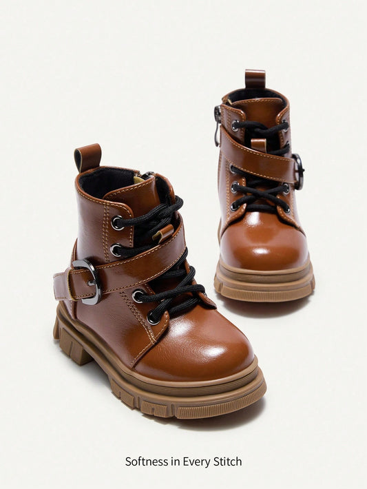 1 Pair Fashionable, Versatile, Rustic Style Metal Buckle Brown Soft Sole Lace-Up Ankle Boots Brown