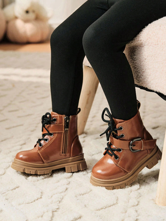 1 Pair Fashionable, Versatile, Rustic Style Metal Buckle Brown Soft Sole Lace-Up Ankle Boots