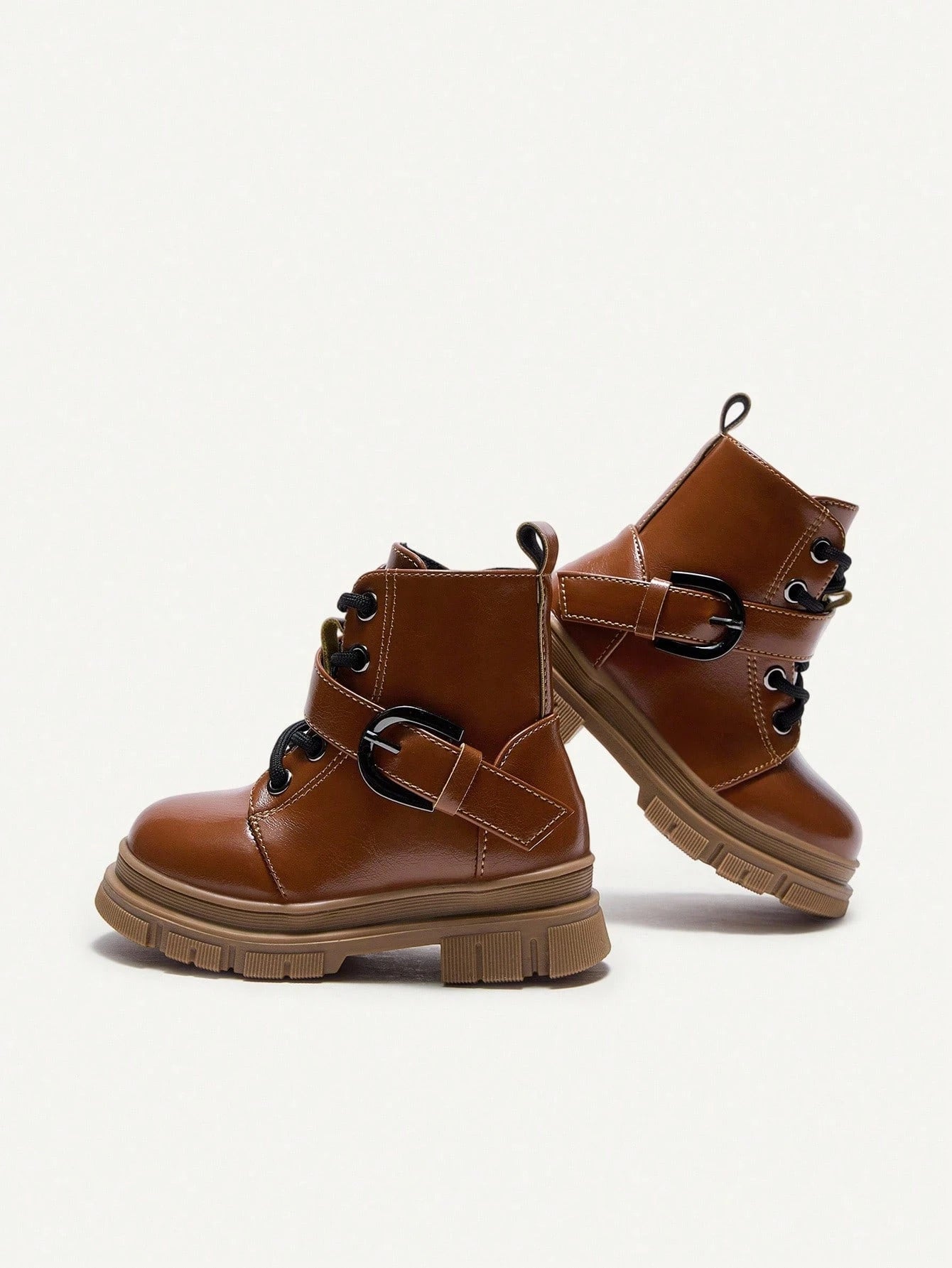 1 Pair Fashionable, Versatile, Rustic Style Metal Buckle Brown Soft Sole Lace-Up Ankle Boots