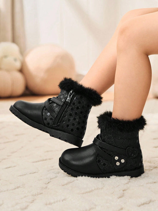 1 Pair Fashionable & Cute Plush Heart Decor Comfortable & Durable Baby Girl Ankle Boots Black
