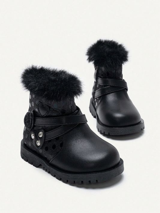 1 Pair Fashionable & Cute Plush Heart Decor Comfortable & Durable Baby Girl Ankle Boots