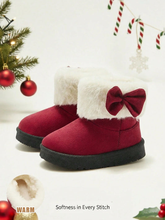 1 Pair Girls' Fashionable Burgundy Fluffy Warm Casual Snow Boots