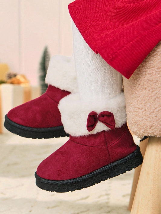 1 Pair Girls' Fashionable Burgundy Fluffy Warm Casual Snow Boots