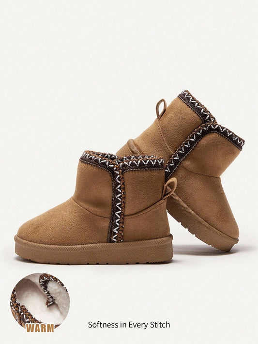 1 Pair Kids' Knitted Fashionable Urban Hook And Loop Thermal Snow Boots Camel