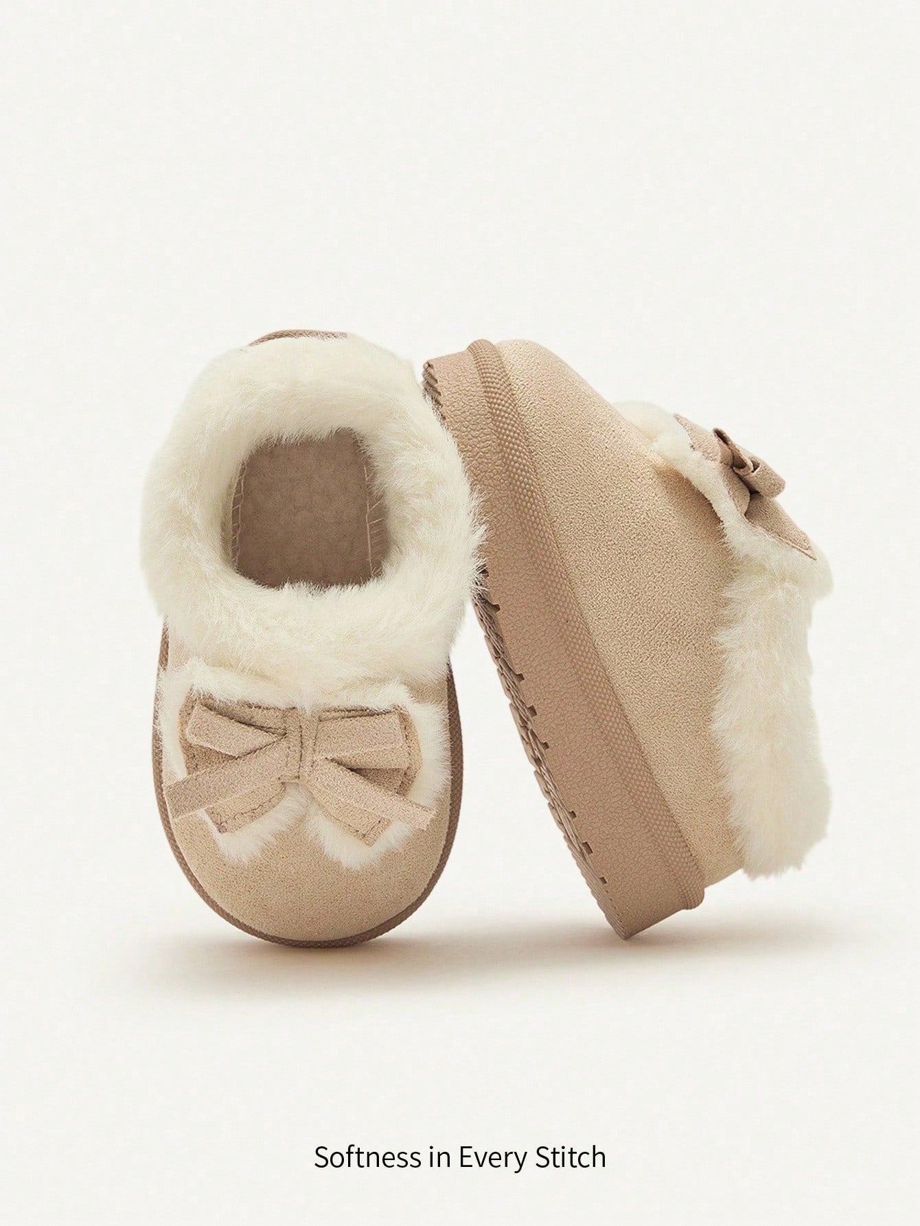 1 Pair Toddler Girls' Bow Decor Camel Color Fashion Warm Lined Winter Slipper Beige