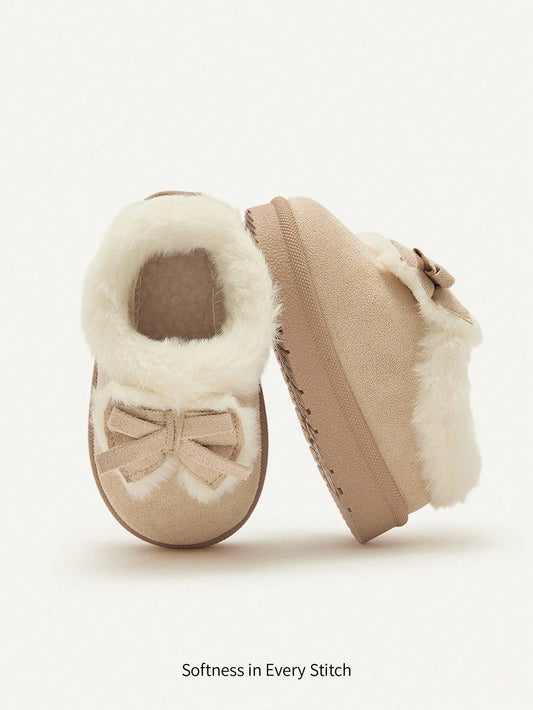 1 Pair Toddler Girls' Bow Decor Camel Color Fashion Warm Lined Winter Slipper Beige