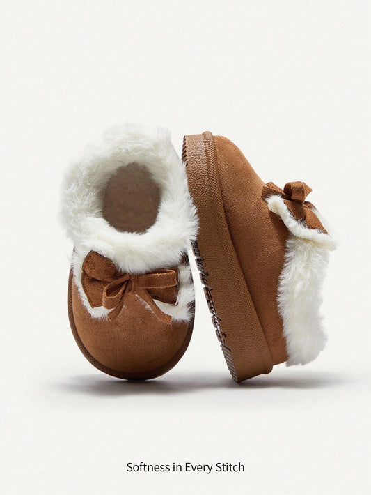 1 Pair Toddler Girls' Bow Decor Camel Color Fashion Warm Lined Winter Slippers