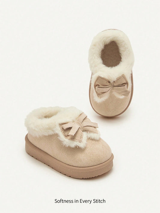 1 Pair Toddler Girls' Bow Decor Camel Color Fashion Warm Lined Winter Slipper