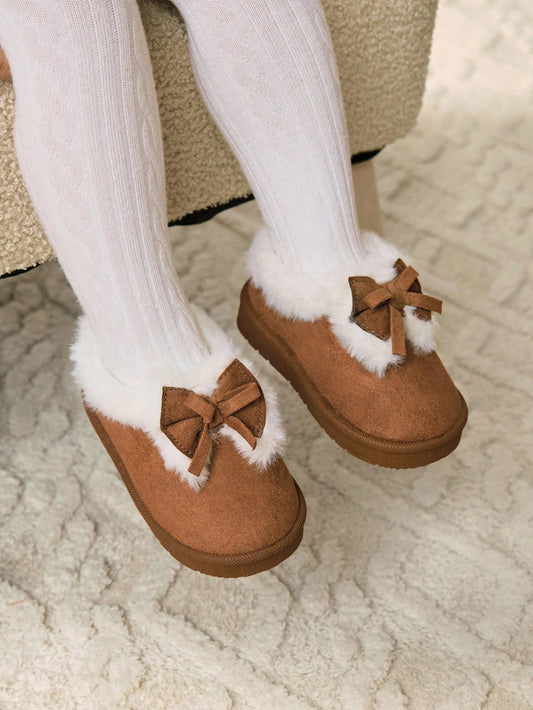 1 Pair Toddler Girls' Bow Decor Camel Color Fashion Warm Lined Winter Slippers