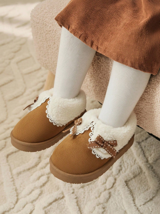 Cozy Pixies 1 Pair Toddler Girls' Bow Decor Flat Comfortable Plush Lined Casual Slippers