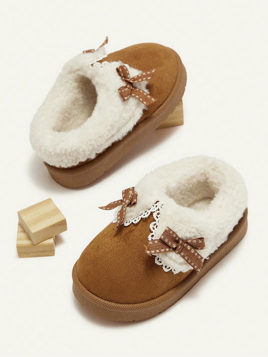 Cozy Pixies 1 Pair Toddler Girls' Bow Decor Flat Comfortable Plush Lined Casual Slippers