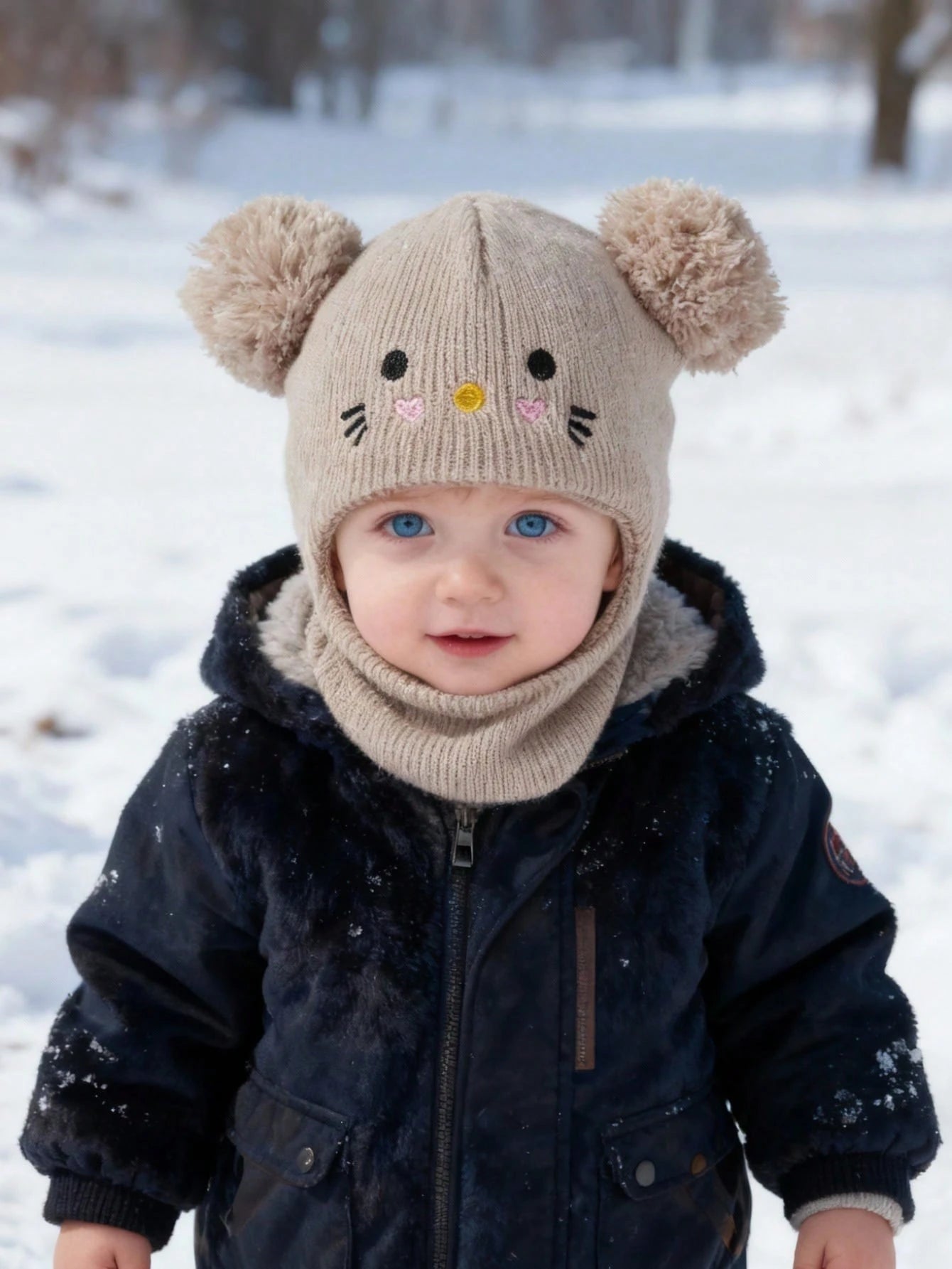 1 Pc Balaclava Pom-Pom Black Newborn Balaclava Ski Mask Toddler Beanie Beige 1-3Y