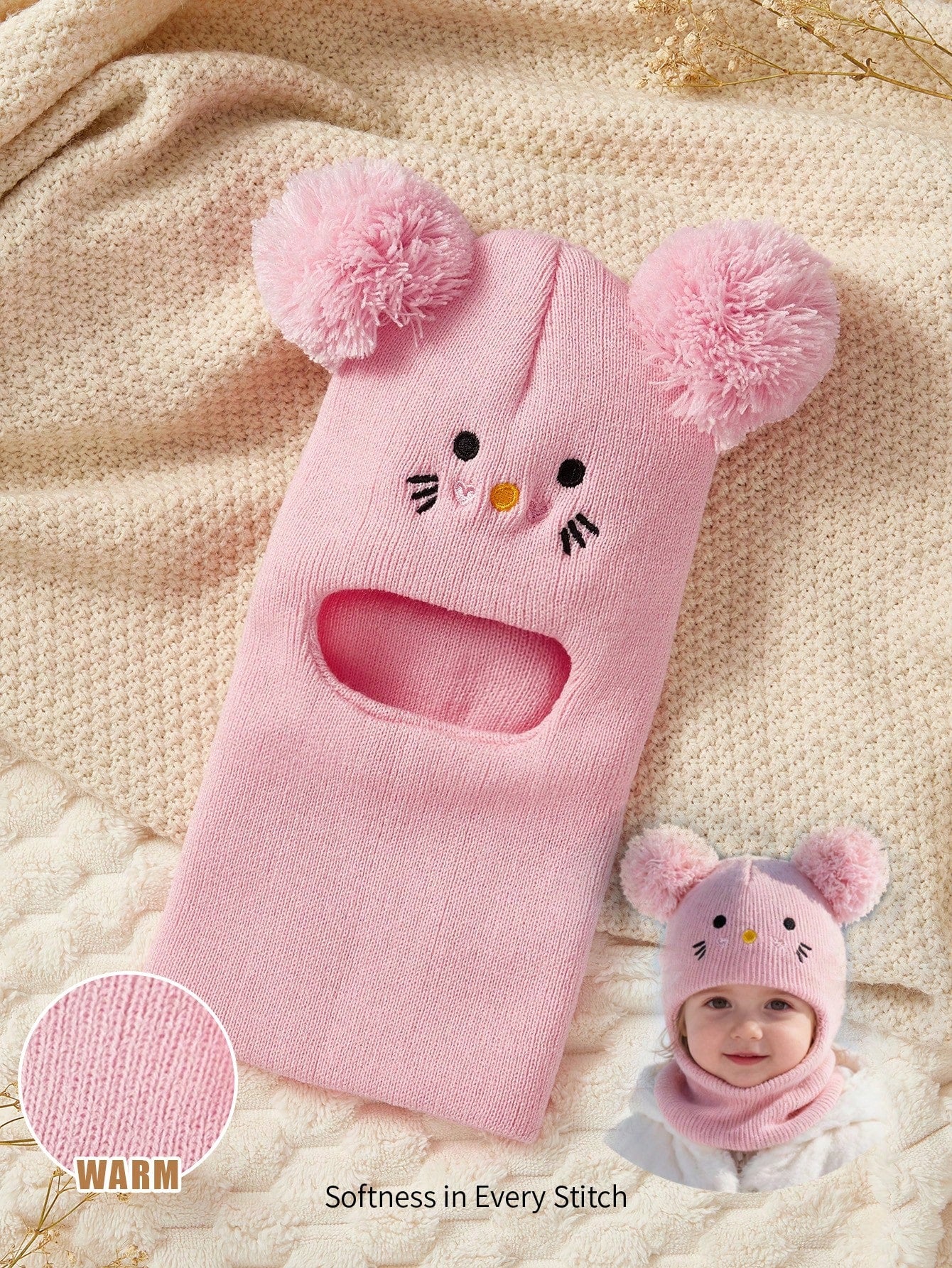 1 Pc Balaclava Pom-Pom Black Newborn Balaclava Ski Mask Toddler Beanie Pink 1-3Y