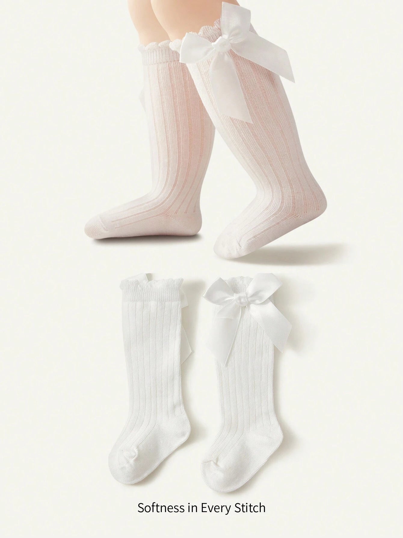 Cozy Pixies 1pair Girls' White High Knee Socks With Bow White