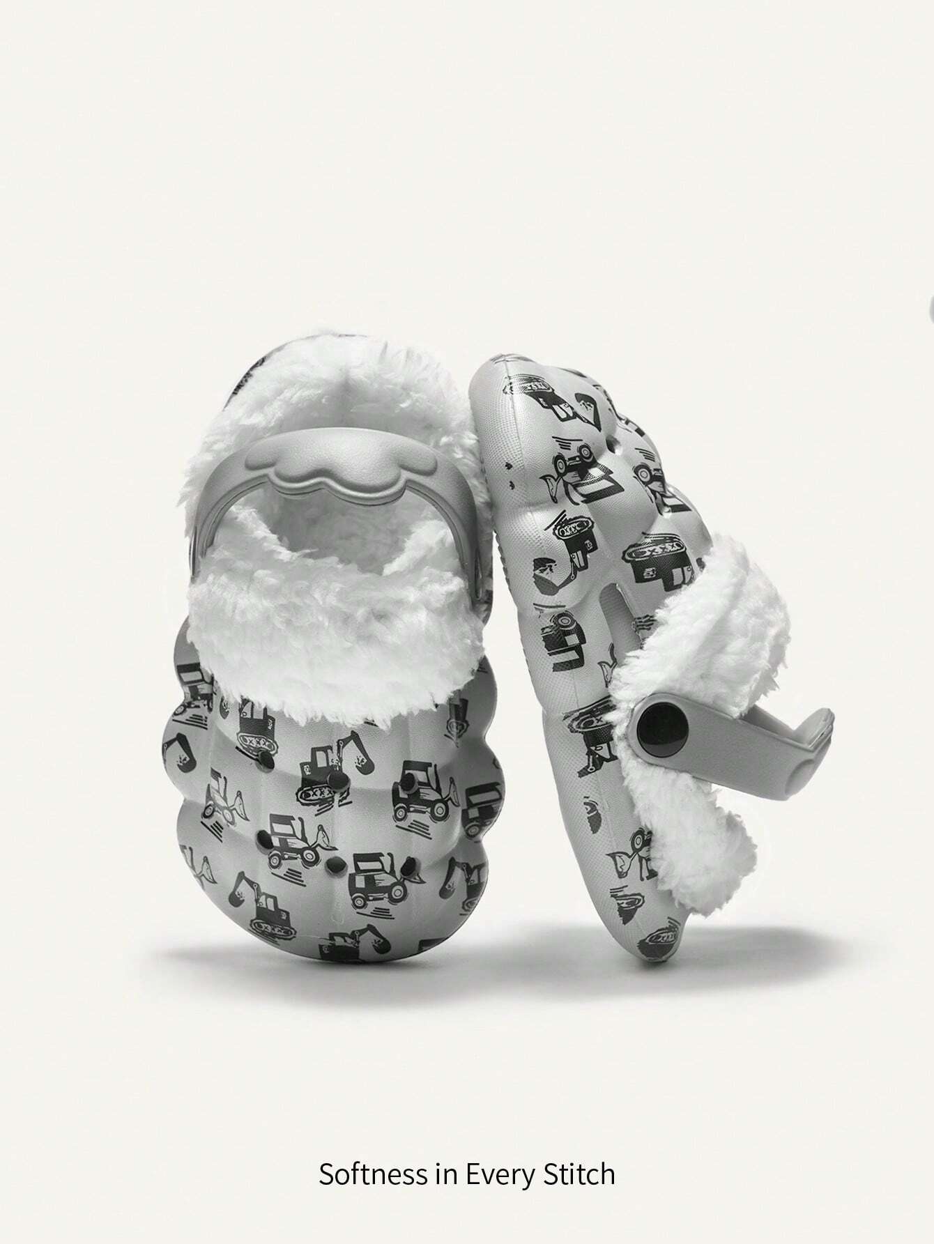 Cozy Pixies 1pair Toddler Boys Cute Cartoon Excavator Print Gardening Slippers Grey