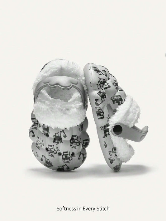 Cozy Pixies 1pair Toddler Boys Cute Cartoon Excavator Print Gardening Slippers Grey