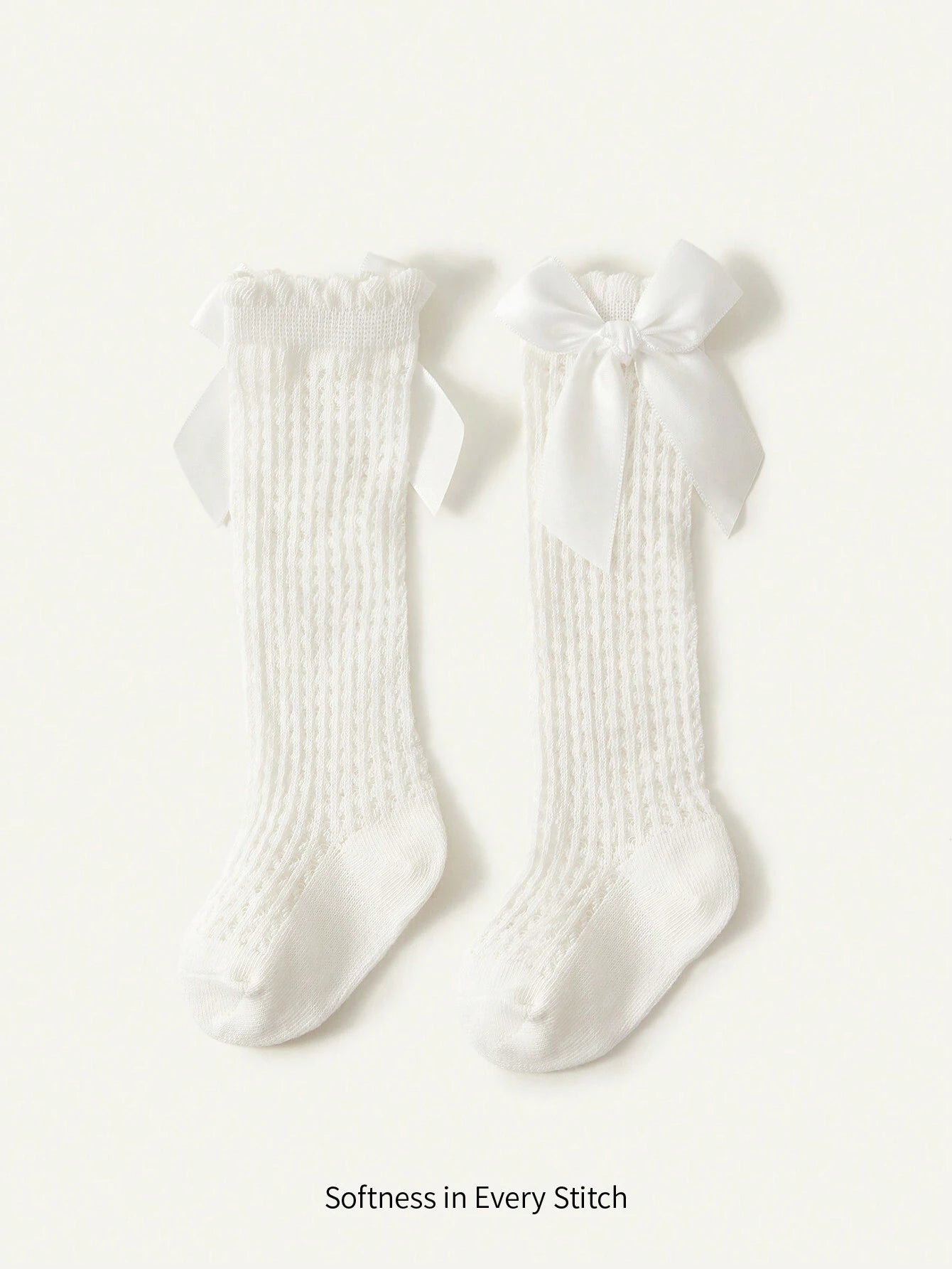 Cozy Pixies 1pair Girls' White High Knee Socks With Bow