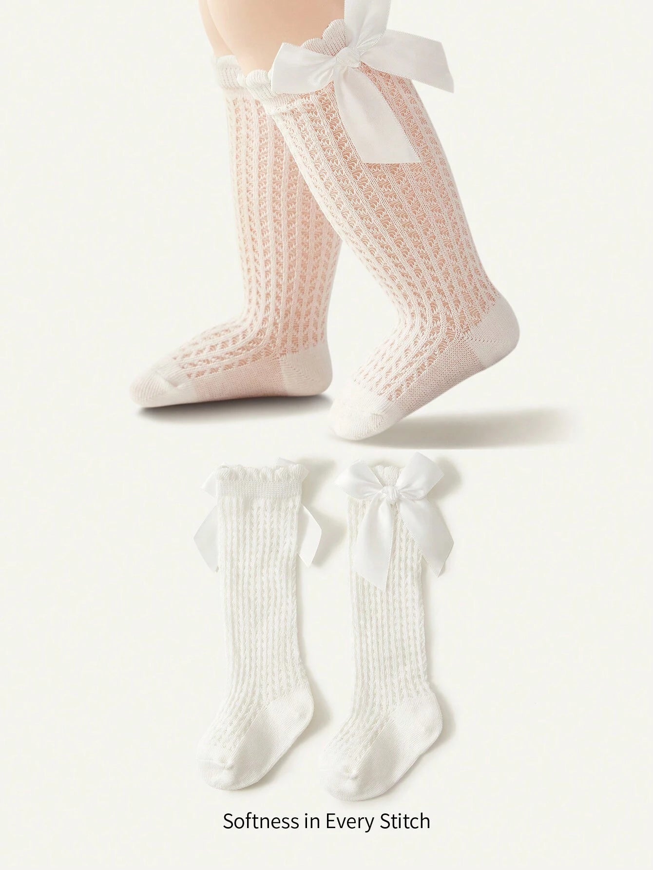 Cozy Pixies 1pair Girls' White High Knee Socks With Bow White 2