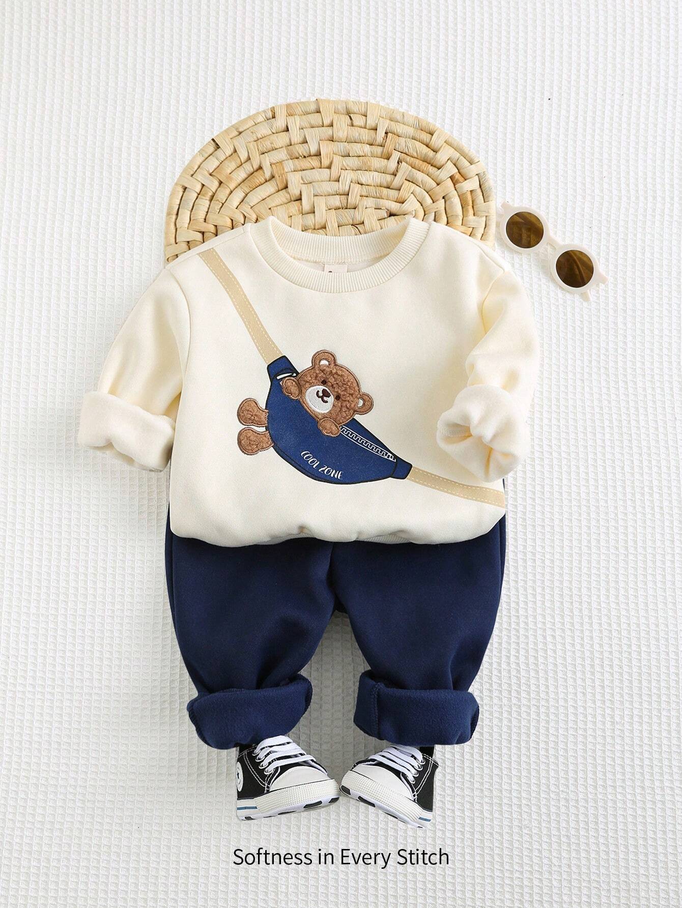 Baby Boy Bear Pattern Round Neck Long Sleeve Hoodie And Drawstring Pants Blue