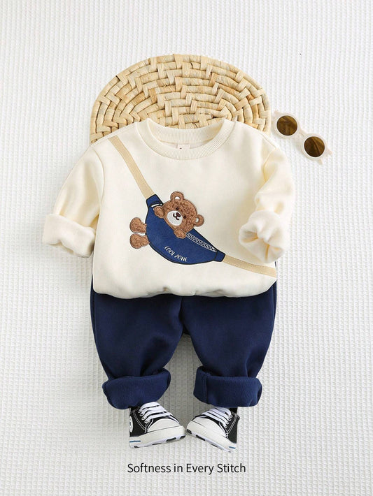 Baby Boy Bear Pattern Round Neck Long Sleeve Hoodie And Drawstring Pants Blue