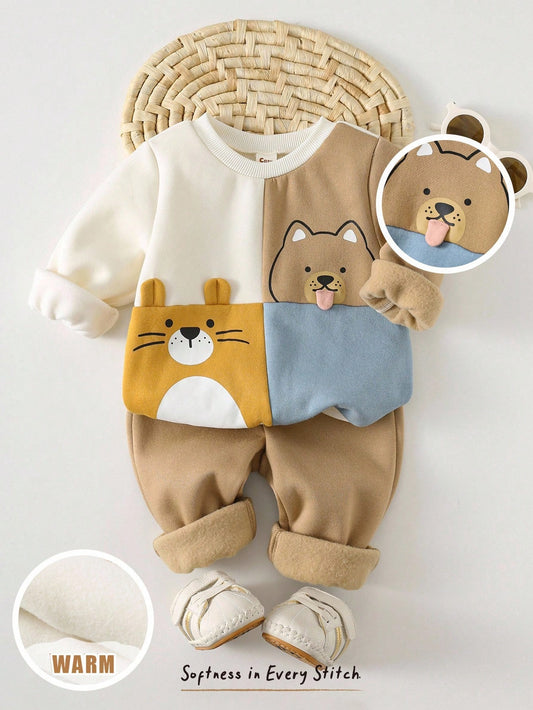 Baby Boy Cartoon Animal Graphic Patchwork Contrast Color Thermal Lined Soft Knit Crew Neck Sweatshirt And Elastic Waist Jogger Pants Set