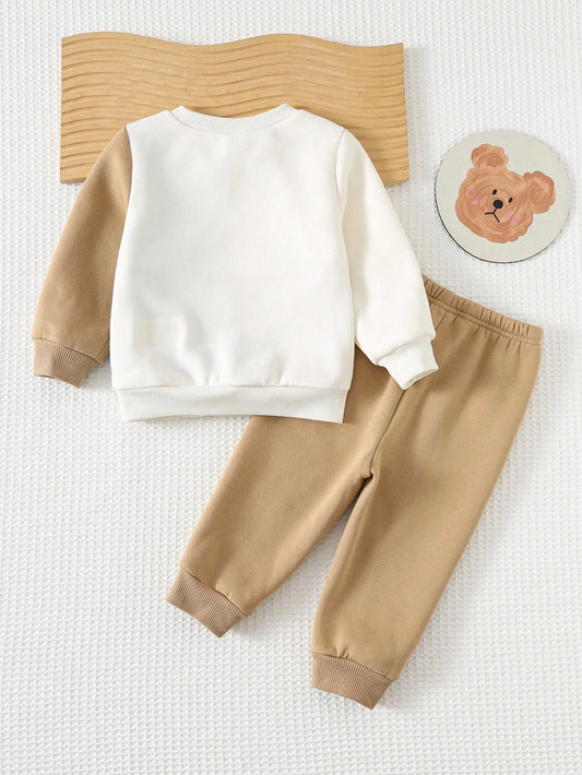 Baby Boy Cartoon Animal Graphic Patchwork Contrast Color Thermal Lined Soft Knit Crew Neck Sweatshirt And Elastic Waist Jogger Pants Set