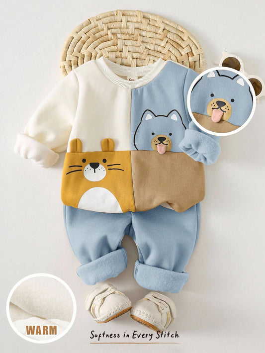 Mummy & Mee Cozy Pixies 2pcs Baby Boy Cartoon Animal Print Knit Soft Crew Neck Long Sleeve Pullover Sweatshirt And Elastic Waist Jogger Pants Set 12-18M