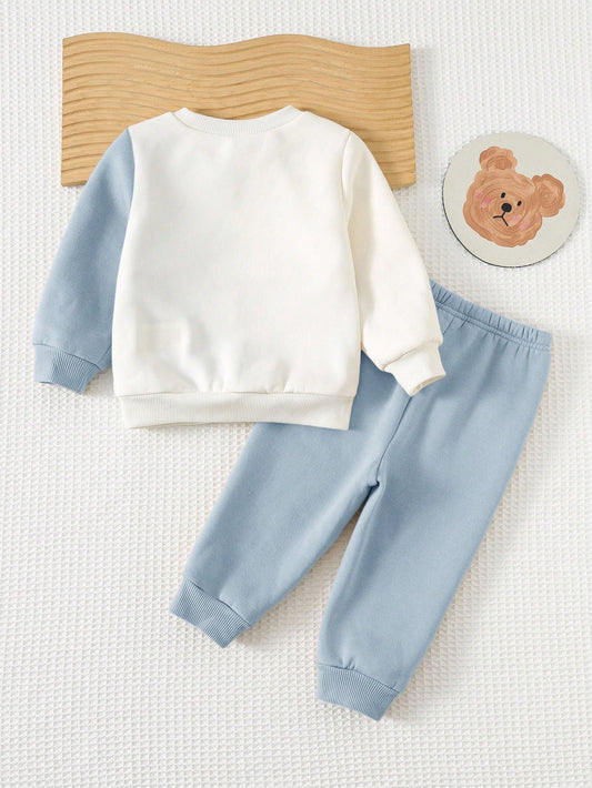 Mummy & Mee Cozy Pixies 2pcs Baby Boy Cartoon Animal Print Knit Soft Crew Neck Long Sleeve Pullover Sweatshirt And Elastic Waist Jogger Pants Set