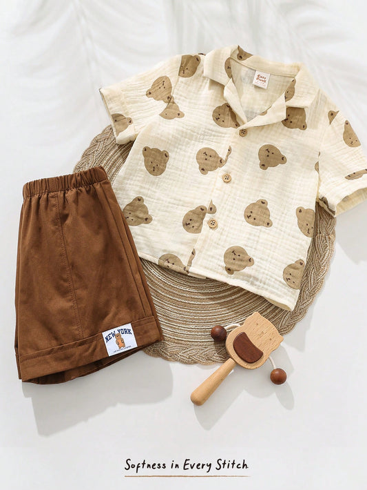 Baby Boy Cartoon Bear Graphic Lapel Collar Short Sleeve Cardigan Top And Elastic Waist Shorts Set