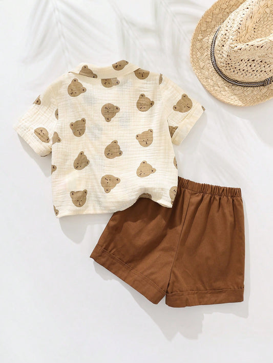 Baby Boy Cartoon Bear Graphic Lapel Collar Short Sleeve Cardigan Top And Elastic Waist Shorts Set