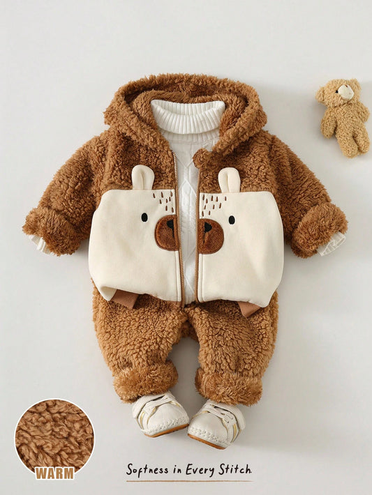 2pcs Baby Boy Cartoon Bear Hooded Fleece Jacket And Elastic Waist Pants Set