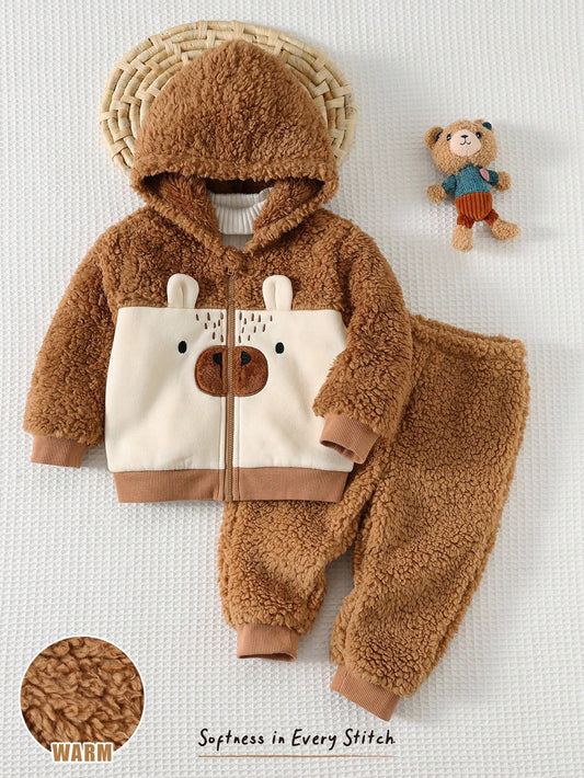 2pcs Baby Boy Cartoon Bear Hooded Fleece Jacket And Elastic Waist Pants Set