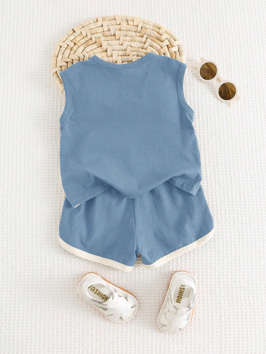 Baby Boy Cartoon Bear Pattern Splice Round Neck Sleeveless Top & Elastic Waist Shorts Set