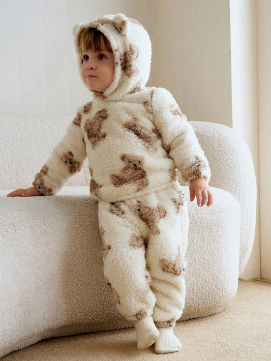 Mummy & Mee Baby Boy Cartoon Bear Pattern Thickened Hoodie Sweatshirt & Elastic Waist Long Pants 12-18M