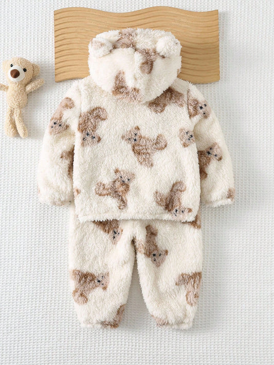 Mummy & Mee Baby Boy Cartoon Bear Pattern Thickened Hoodie Sweatshirt & Elastic Waist Long Pants