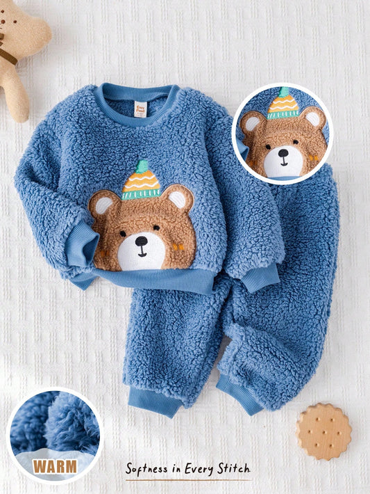 Mummy & Mee Baby Boy Cartoon Bear Print Thermal Lined Crew Neck Long Sleeve Hoodie And Elastic Waist Ankle Cuff Pants Set 2-3Y