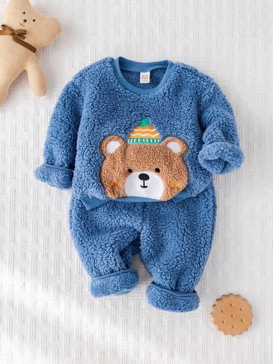 Mummy & Mee Baby Boy Cartoon Bear Print Thermal Lined Crew Neck Long Sleeve Hoodie And Elastic Waist Ankle Cuff Pants Set