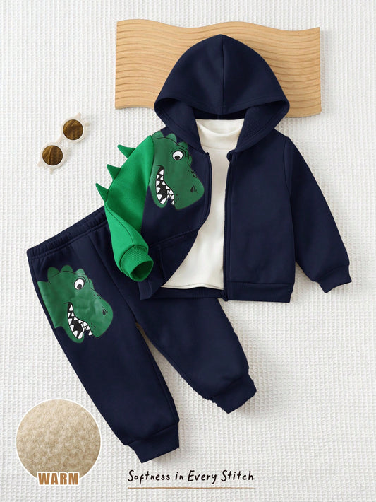 Baby Boy Cartoon Dinosaur/Tyrannosaurus Rex Print Hooded Zip-Up Jacket And Elastic Waist Jogger Pants Set