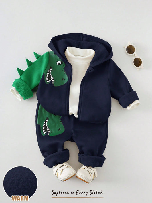 Baby Boy Cartoon Dinosaur/Tyrannosaurus Rex Print Hooded Zip-Up Jacket And Elastic Waist Jogger Pants Set