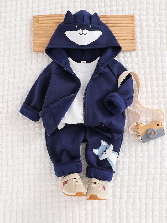 Mummy & Mee Cozy Pixies 2pcs Baby Boy Cartoon Fox Ear Hoodie Jacket And Jogger Pants Set 18-24M